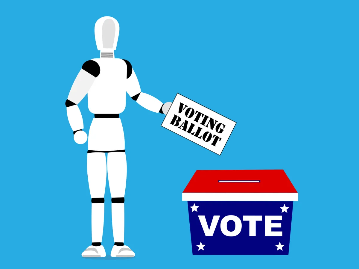 Robot holding a "voting ballot" next to a red and blue ballot box labeled "vote" on a blue background.