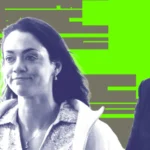Two people in a digitally altered image with a green and gray background, one smiling, the other partially visible.