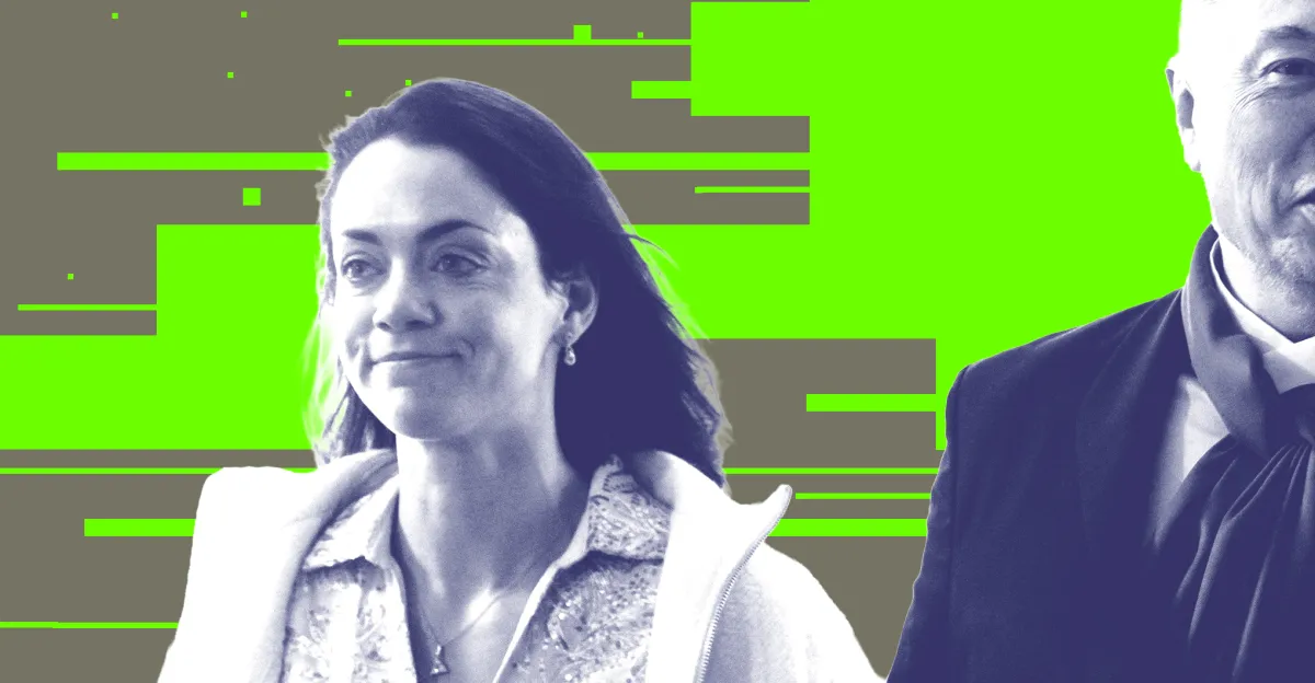 Two people in a digitally altered image with a green and gray background, one smiling, the other partially visible.