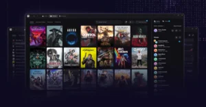 Epic Games launcher interface showing game library grid, search bar, and social panel with friend list on a dark background.
