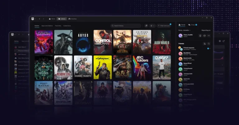 Epic Games launcher interface showing game library grid, search bar, and social panel with friend list on a dark background.