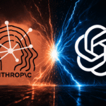Anthropic and OpenAI logos face off with electric energy clash on dark reflective surface.
