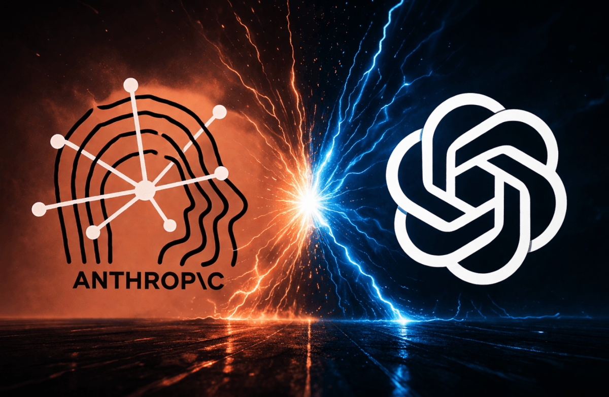 Anthropic and OpenAI logos face off with electric energy clash on dark reflective surface.
