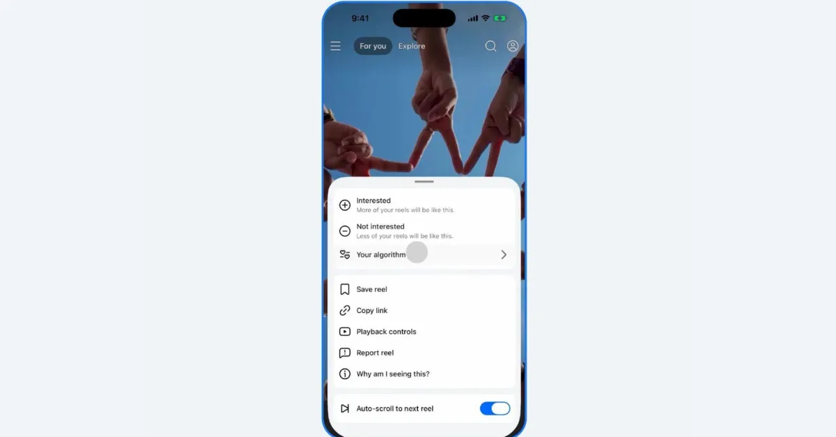 Smartphone displaying Facebook feed with AI recommendation controls, options for interest, algorithm, and auto-scroll toggle.