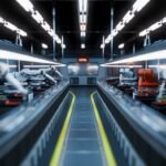 Robotic arms lined up in a futuristic factory setting under bright ceiling lights on a conveyor system