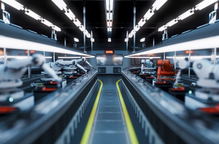 Robotic arms lined up in a futuristic factory setting under bright ceiling lights on a conveyor system