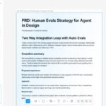 Figma interface showing a document titled "PRD: Human Evals Strategy for Agent in Design" with editing tools on the left.