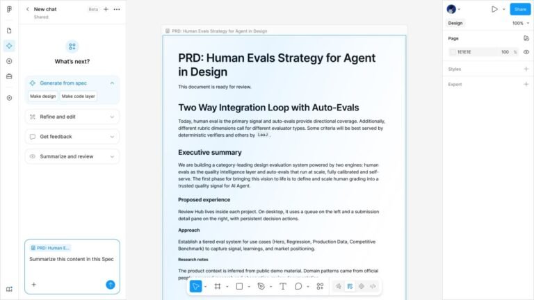Figma interface showing a document titled "PRD: Human Evals Strategy for Agent in Design" with editing tools on the left.