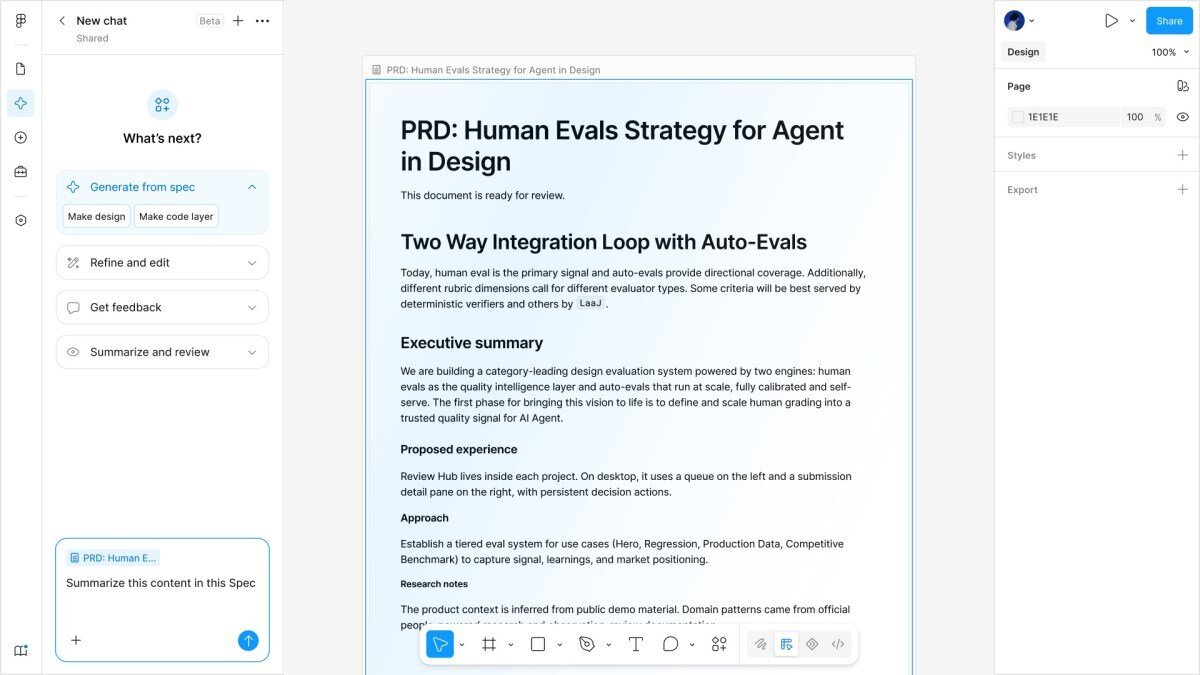 Figma interface showing a document titled "PRD: Human Evals Strategy for Agent in Design" with editing tools on the left.