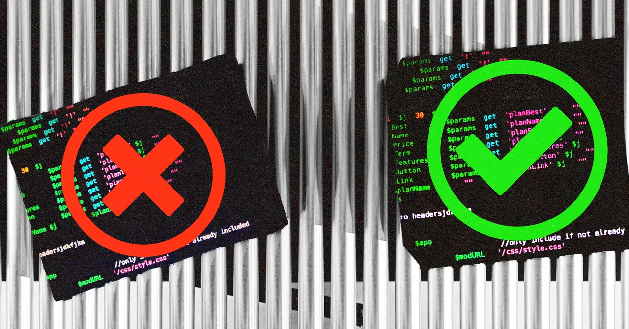 Two code snippets on a striped background; one with a red X, the other with a green check mark.