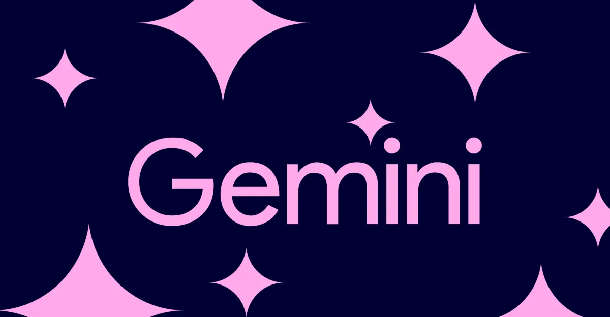 The word "Gemini" in pink against a dark blue background with pink star shapes.