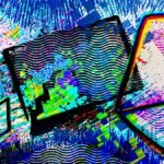 Abstract digital artwork with vibrant colors, wavy lines, and geometric shapes, creating a dynamic and chaotic visual effect.