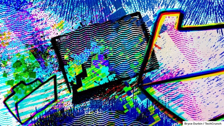 Abstract digital artwork with vibrant colors, wavy lines, and geometric shapes, creating a dynamic and chaotic visual effect.