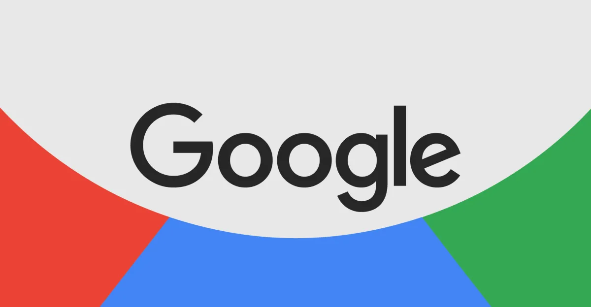 Google logo centered on a background with red, blue, and green curved sections.