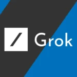 Grok logo with a forward slash symbol on a black and blue diagonal background.