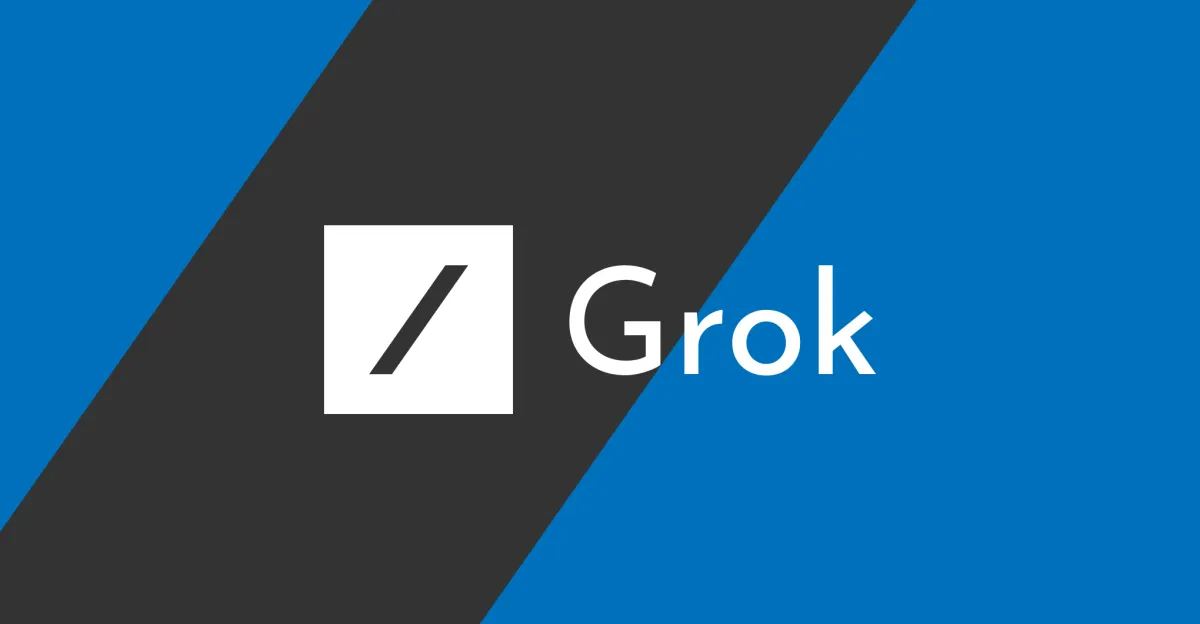 Grok logo with a forward slash symbol on a black and blue diagonal background.