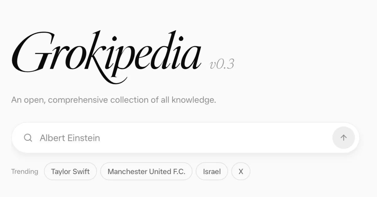 Grokipedia homepage with new logo, version 0.3, search bar for "Albert Einstein," and trending topics displayed below.