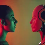 A woman and a humanoid robot face each other against a gradient red-green background.