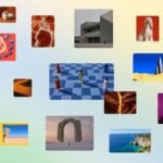 Collage of diverse images including landscapes, a dog, people on a chessboard, a flower, and digital art on a gradient bac...