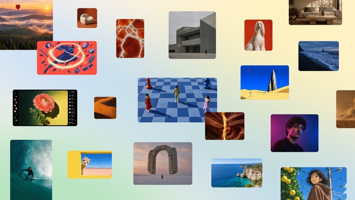 Collage of diverse images including landscapes, a dog, people on a chessboard, a flower, and digital art on a gradient bac...
