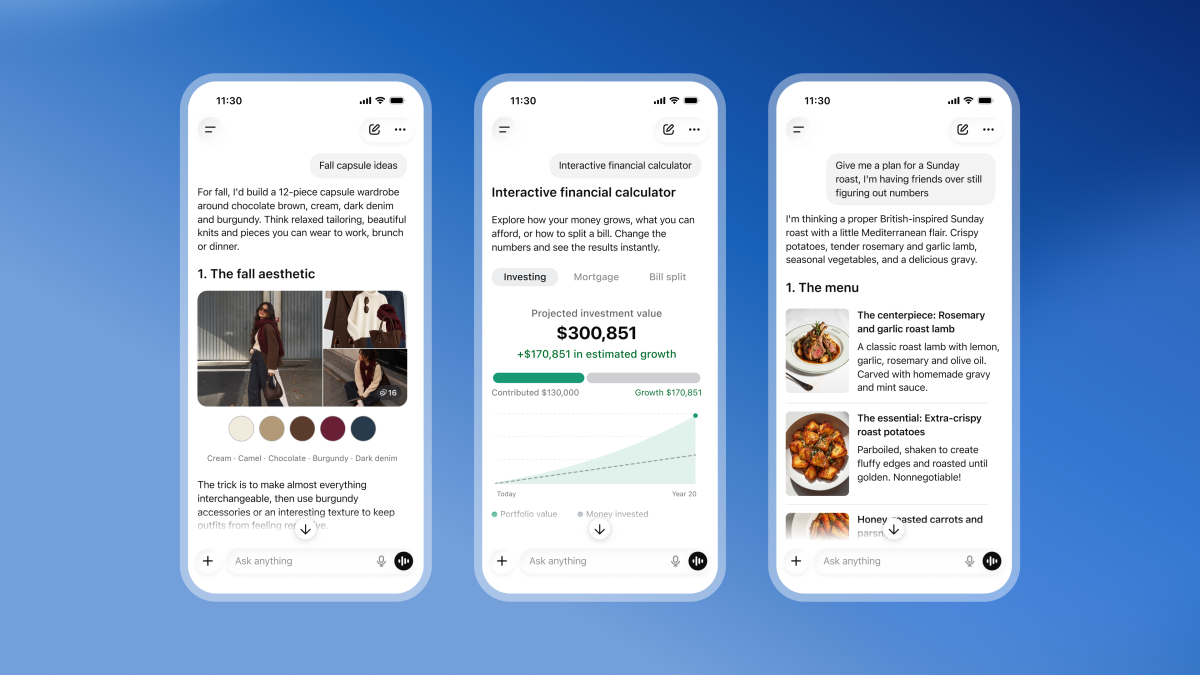 Three smartphone screens displaying a fashion guide, financial calculator, and meal plan interface with text and images.