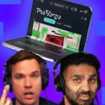 Two people wearing headphones with a foldable device displaying The Verge website on a blue checkered background.