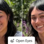 Side-by-side images of a woman with closed eyes and then open eyes, with "Open Eyes" button shown at the bottom.