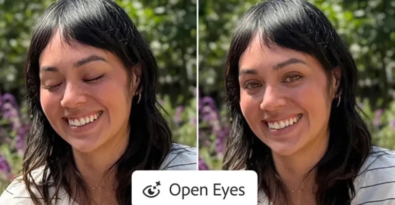 Side-by-side images of a woman with closed eyes and then open eyes, with "Open Eyes" button shown at the bottom.