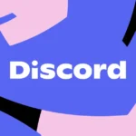 Discord logo with bold white text on an abstract blue, pink, and black background.