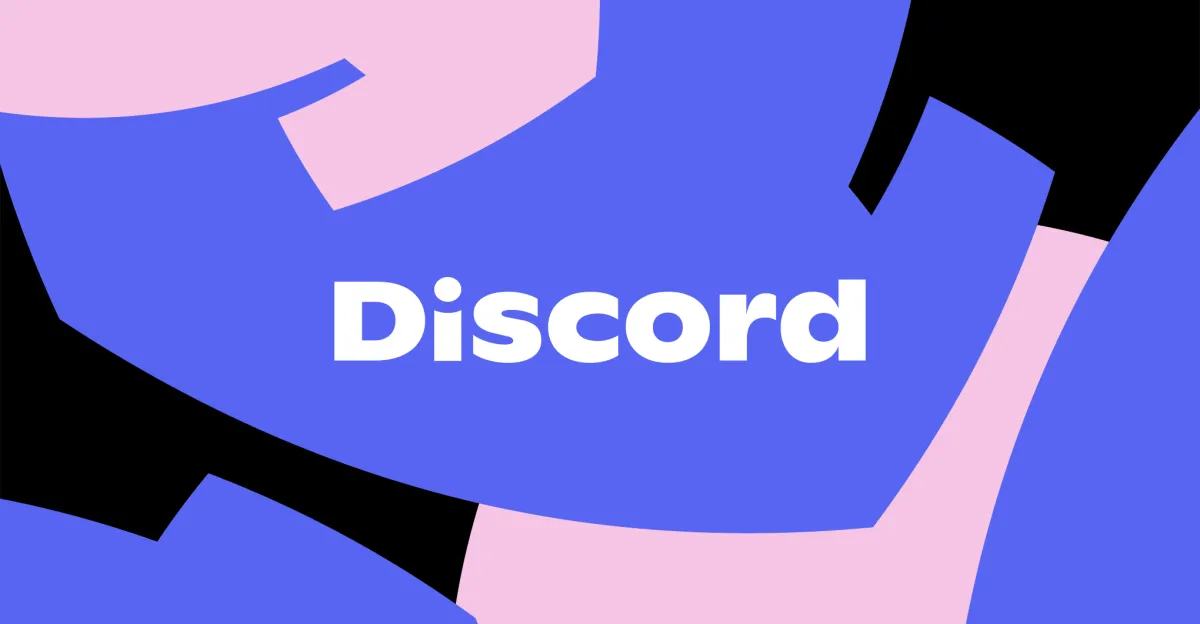Discord logo with bold white text on an abstract blue, pink, and black background.