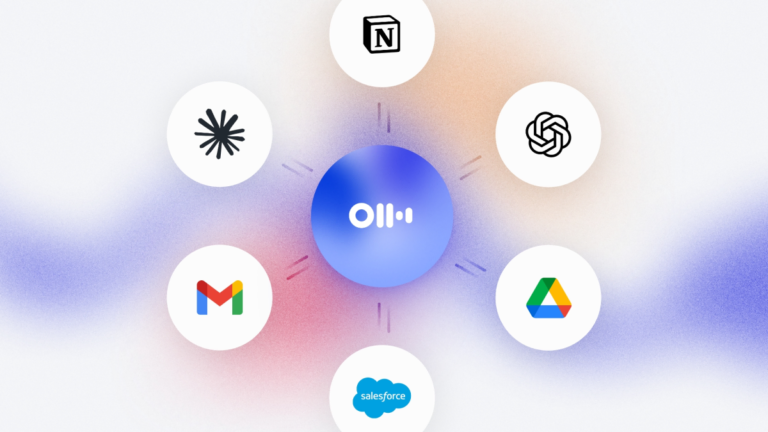Central Otter.ai logo with surrounding logos: Notion, OpenAI, Google Drive, Salesforce, Gmail, and an unknown logo.