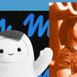 Cartoon character with a smile waves on left against blue "M" patterned background; woman speaks into a microphone on right.