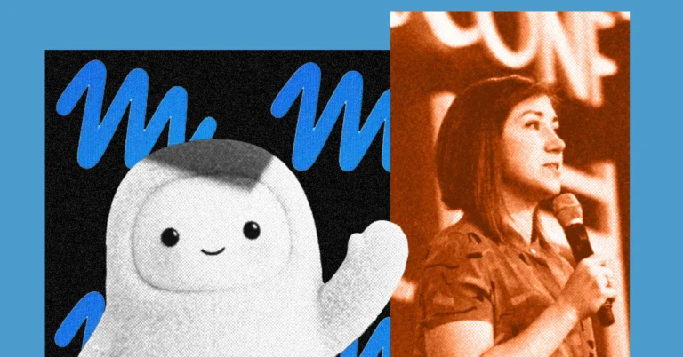 Cartoon character with a smile waves on left against blue "M" patterned background; woman speaks into a microphone on right.