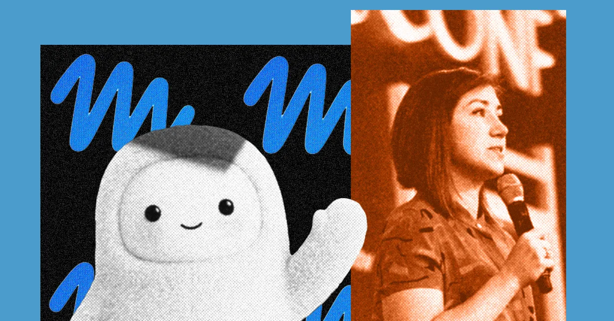 Cartoon character with a smile waves on left against blue "M" patterned background; woman speaks into a microphone on right.