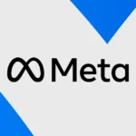 Meta logo with blue geometric shapes on a gray background.