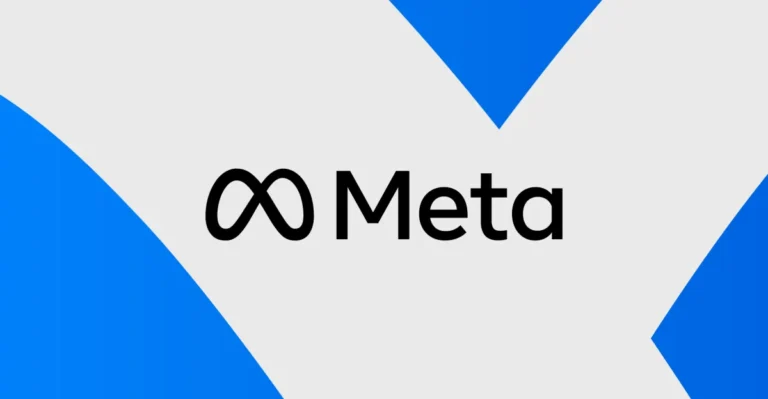 Meta logo with blue geometric shapes on a gray background.