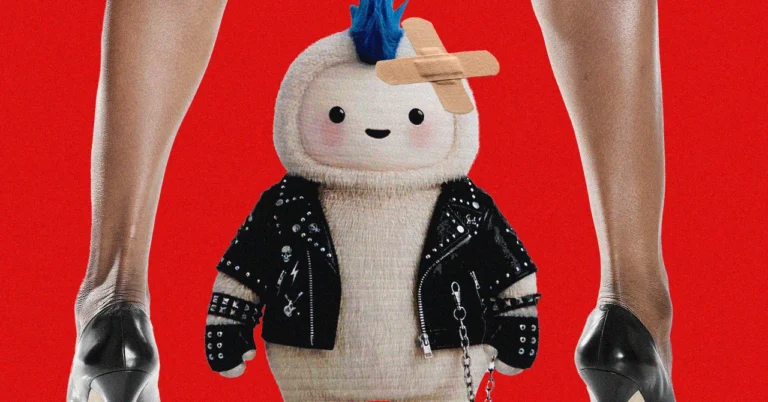 Cartoon figure with blue mohawk and bandage wears a studded jacket, standing between high-heeled legs against a red backgr...