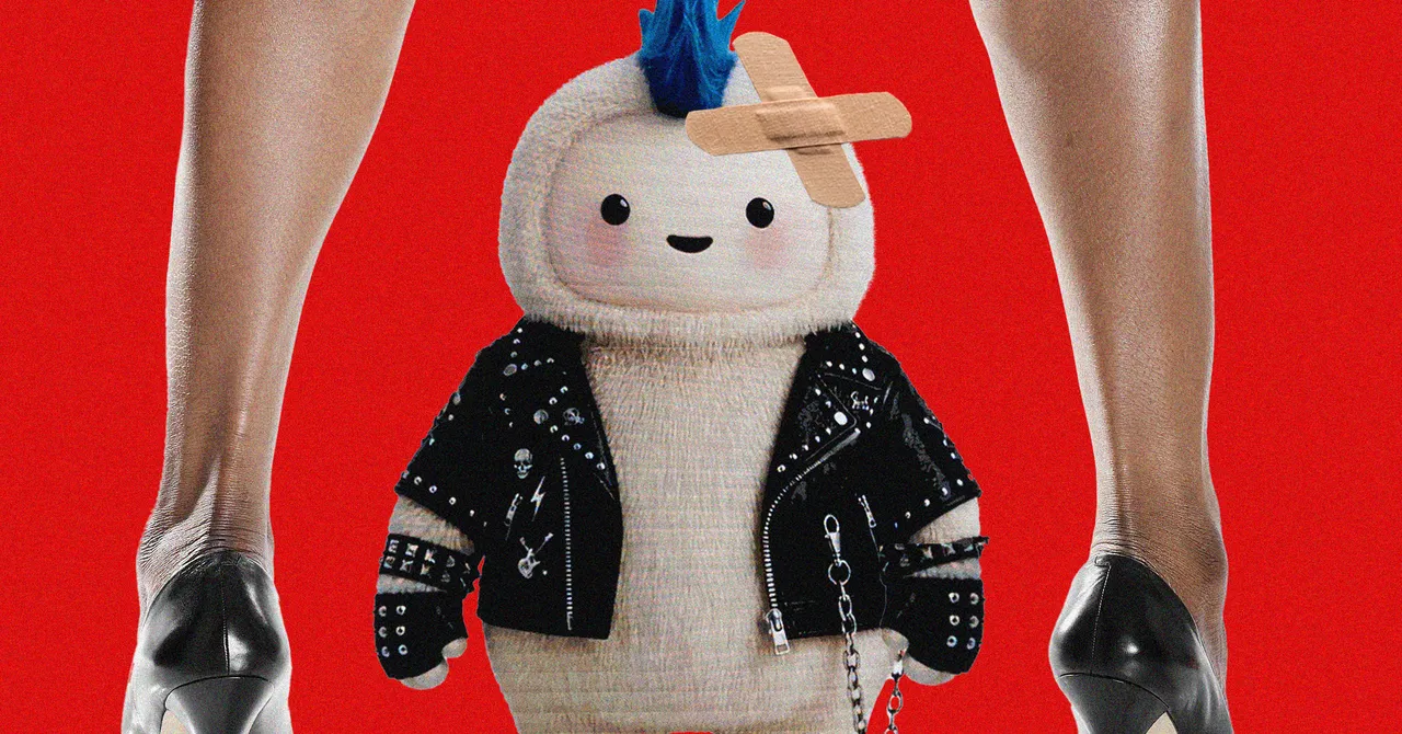 Cartoon figure with blue mohawk and bandage wears a studded jacket, standing between high-heeled legs against a red backgr...