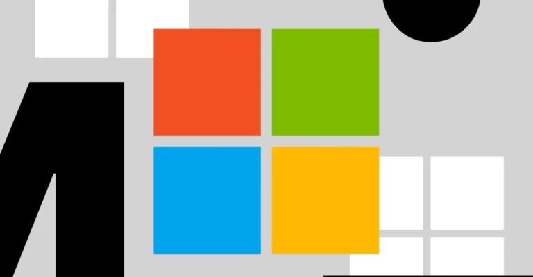 Microsoft logo with four colored squares on a gray background, surrounded by abstract black and white shapes.