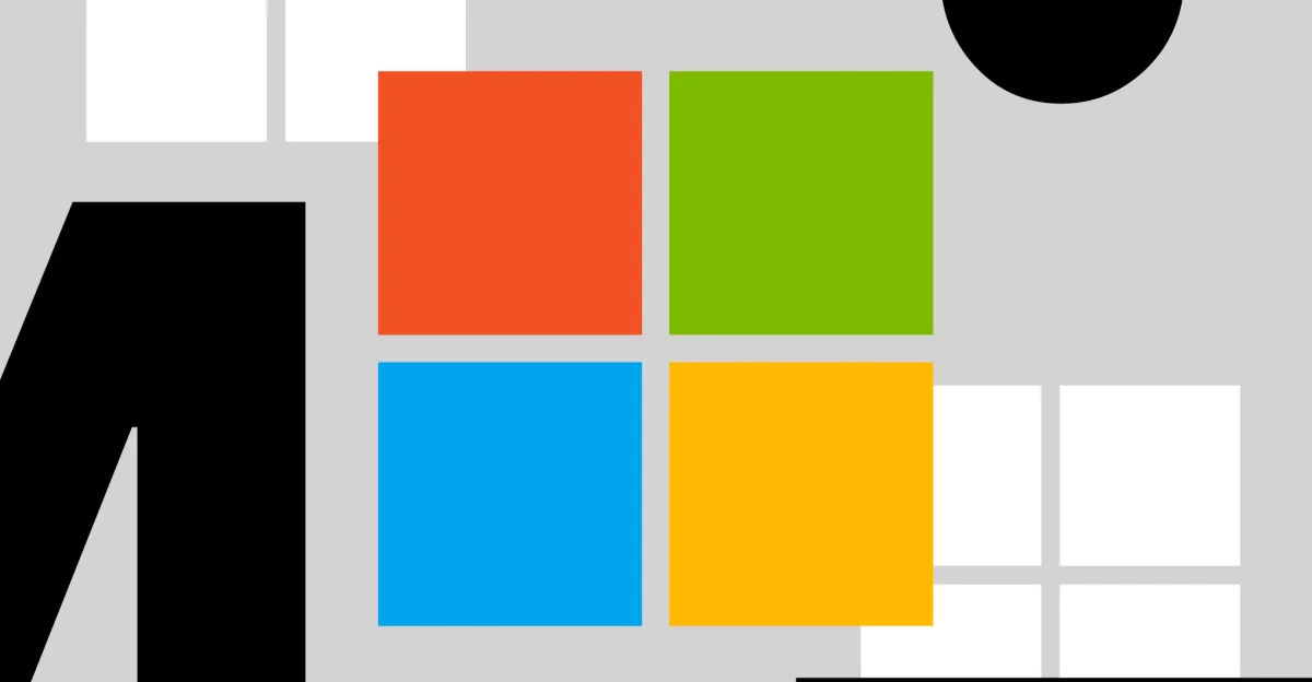 Microsoft logo with four colored squares on a gray background, surrounded by abstract black and white shapes.