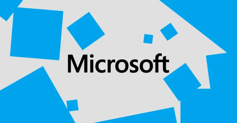 Microsoft logo centered on a gray background with scattered blue squares.