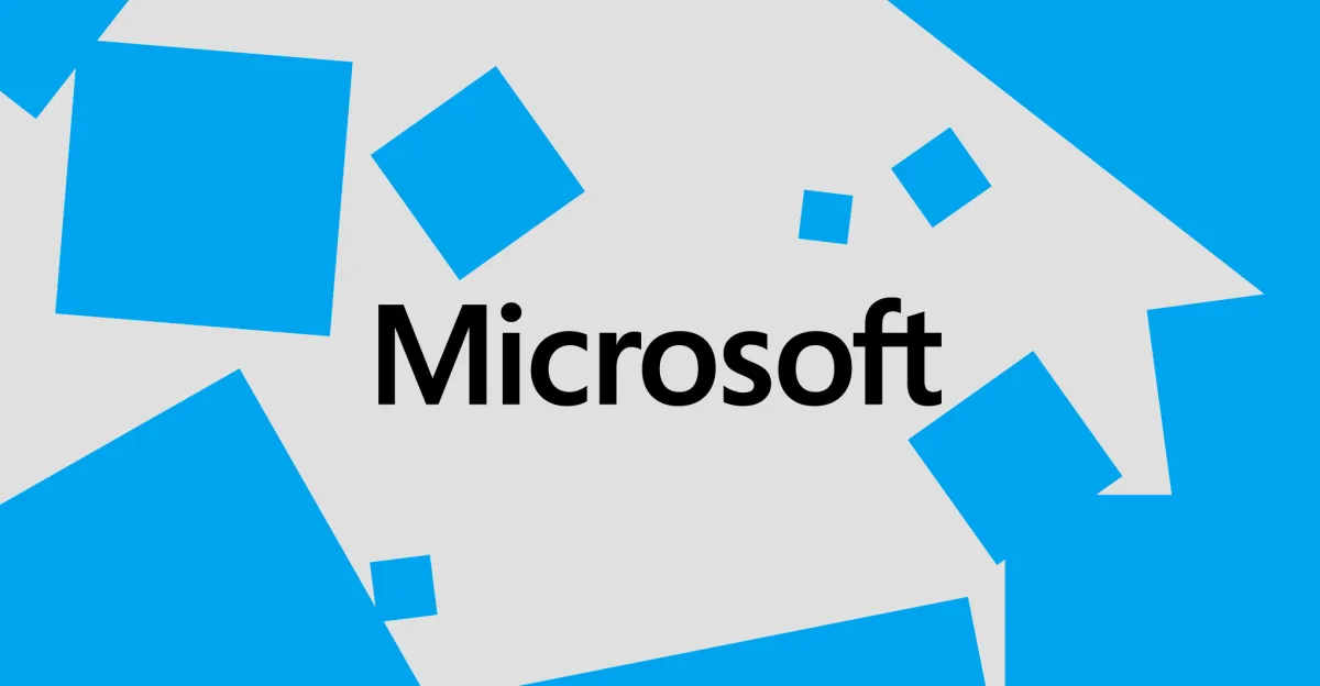 Microsoft logo centered on a gray background with scattered blue squares.