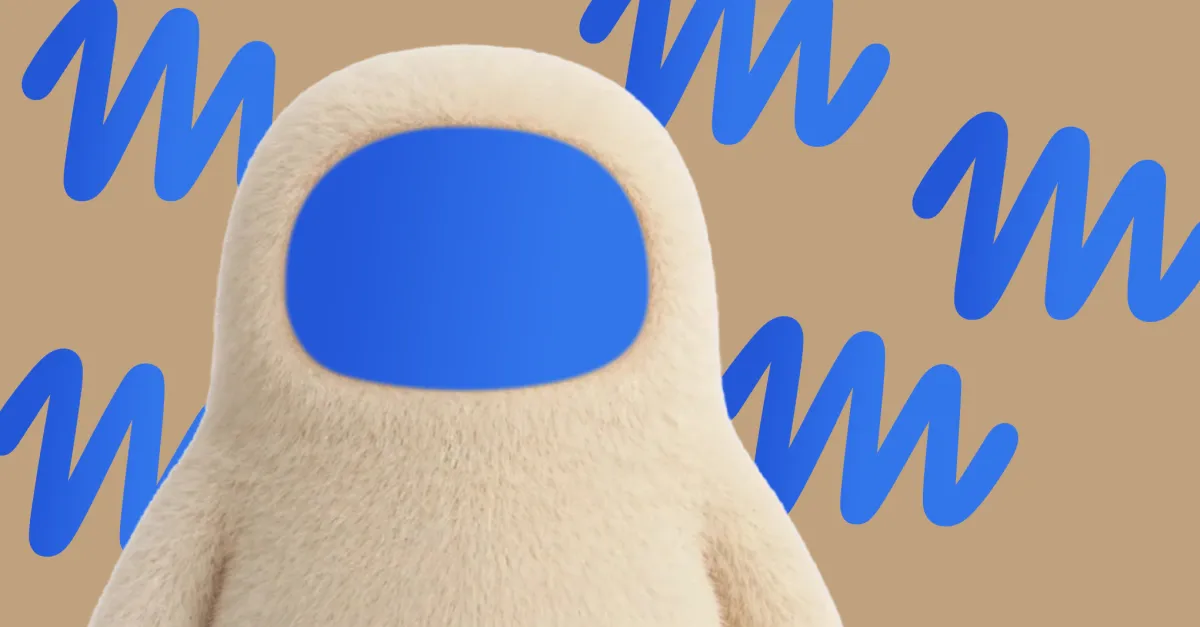 Furry beige figure with a blue face against a tan background with blue "M" patterns.