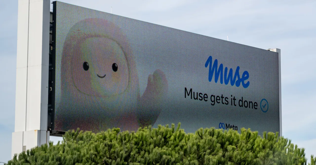 Billboard with cartoon character and text "Muse gets it done" above trees, featuring Meta logo.