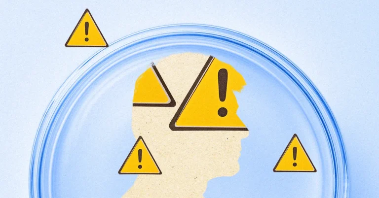 Silhouette of a human head surrounded by yellow warning signs with exclamation marks inside a blue circular frame.