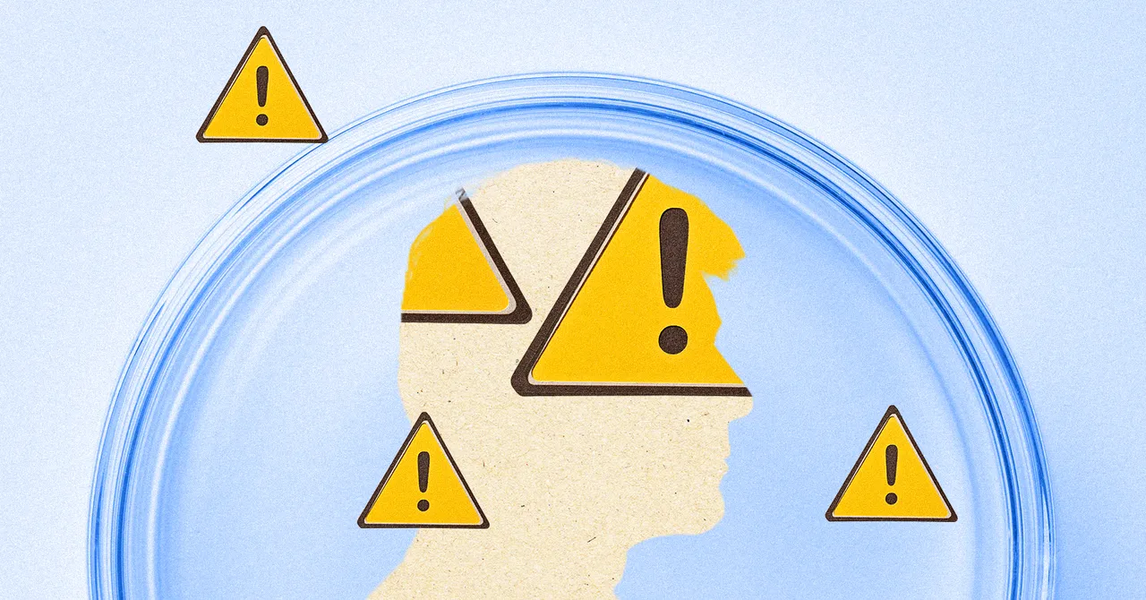 Silhouette of a human head surrounded by yellow warning signs with exclamation marks inside a blue circular frame.