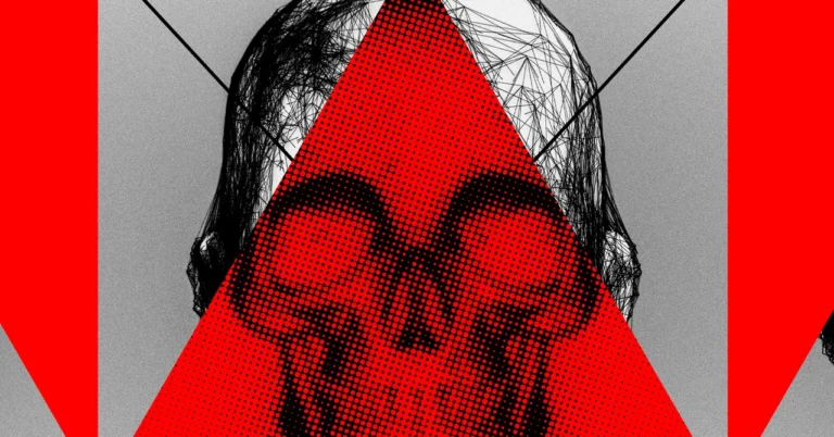 Abstract digital artwork featuring a skull overlayed with red and black geometric patterns and lines