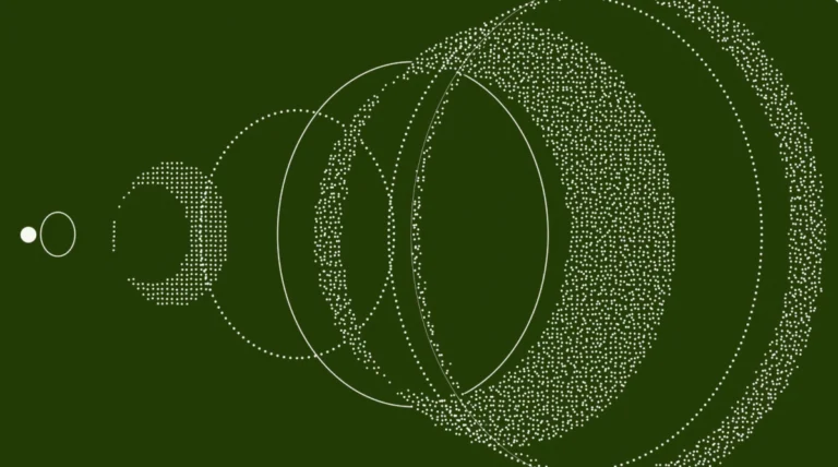 Abstract green background with overlapping white dotted circles and arcs, creating a dynamic, layered pattern.