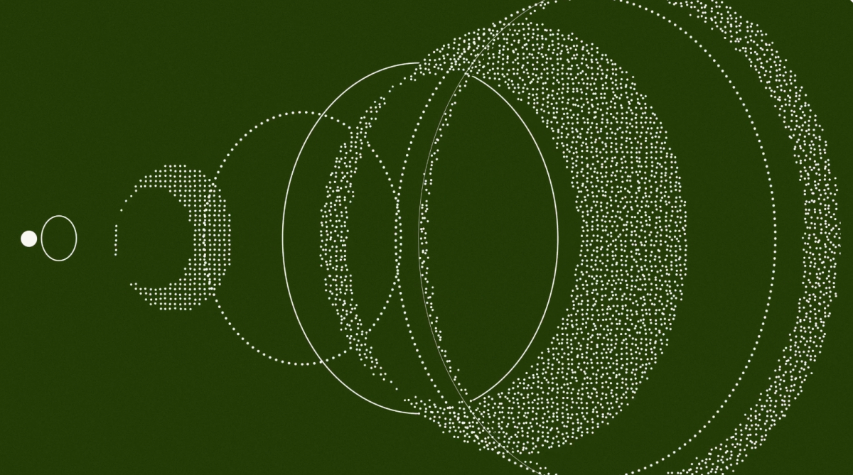Abstract green background with overlapping white dotted circles and arcs, creating a dynamic, layered pattern.