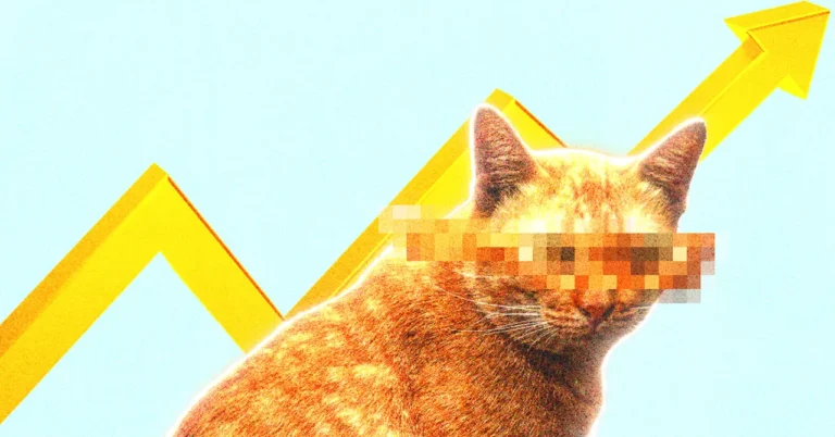Cat with pixelated eyes in front of a yellow zigzag arrow on a light blue background.